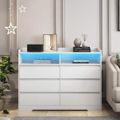 6 Drawer Dresser, White Dresser for Bedroom with LED Lights, Modern Dressers & Chests of Drawers with Sturdy Frame