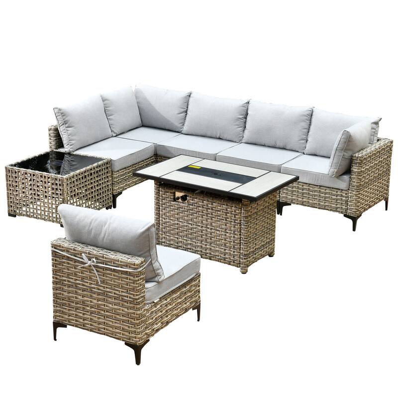 XIZZI 8-Piece Outdoor Wicker Furniture Sectional Set with Firepit