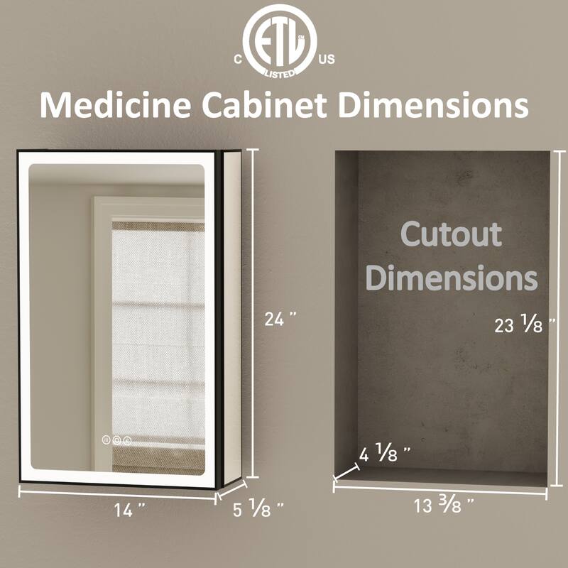 Grand Aluminum Medicine Cabinet with Mirror, Adjustable Shelves, Dimmable Light, Anti-Fog, Recessed or Wall Mount
