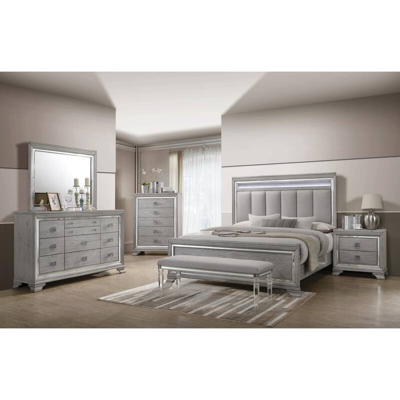 Evonne 5 Piece Gray LED Upholstered Panel Bedroom Set - King