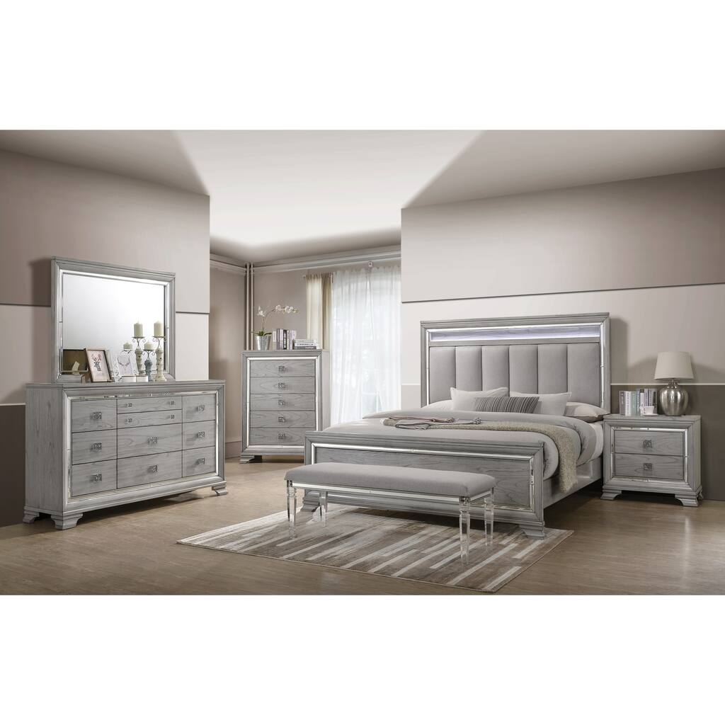 Evonne 5 Piece Gray LED Upholstered Panel Bedroom Set