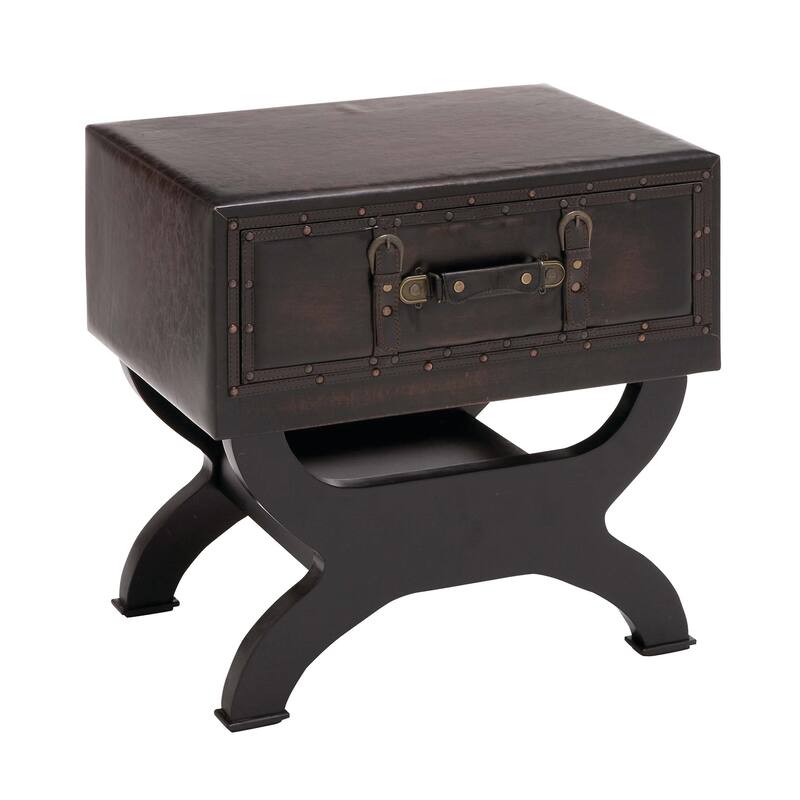 Brown Faux Leather Vintage Style Single Drawer Accent Table with Curved Legs