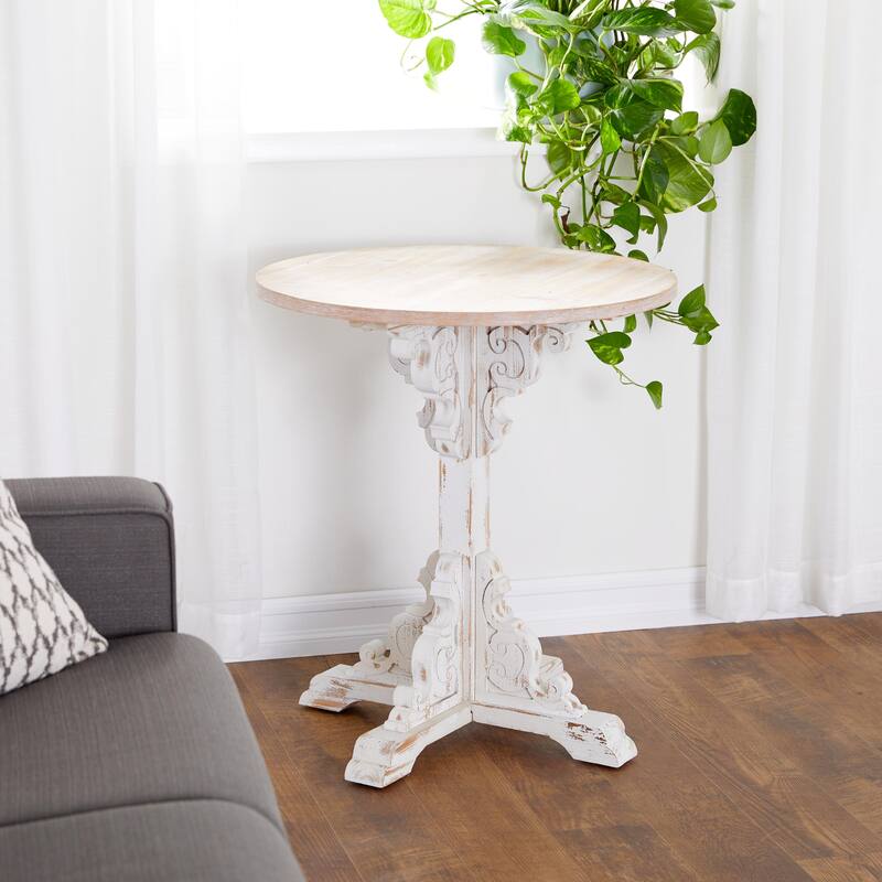 Wood Scroll Intricately Carved Accent Table with Brown Wood Top - Gray, White, Cream - Roche River Decor