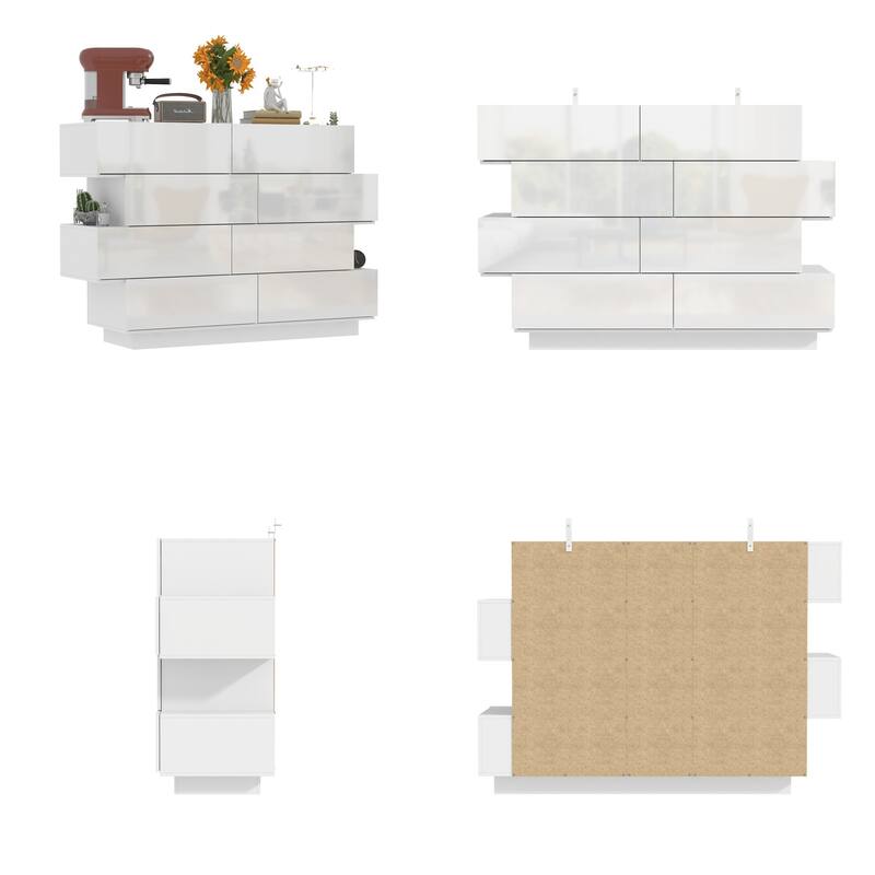 Sleek High Gloss White Eight-Drawer Dresser, Storage Unit Chest