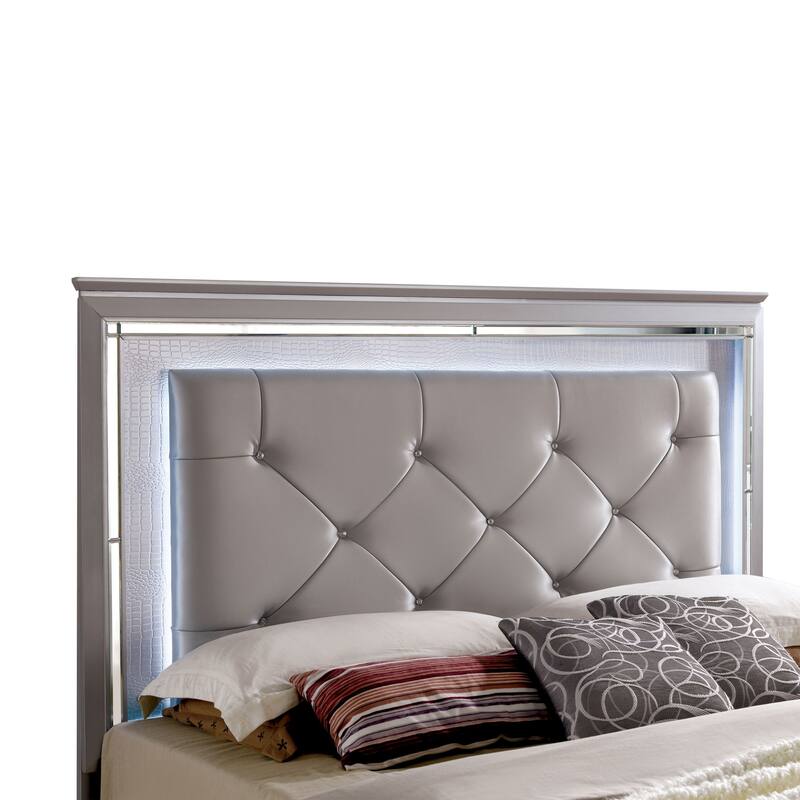 Furniture of America Ruff Lighted Silver Faux Leather Panel Bed