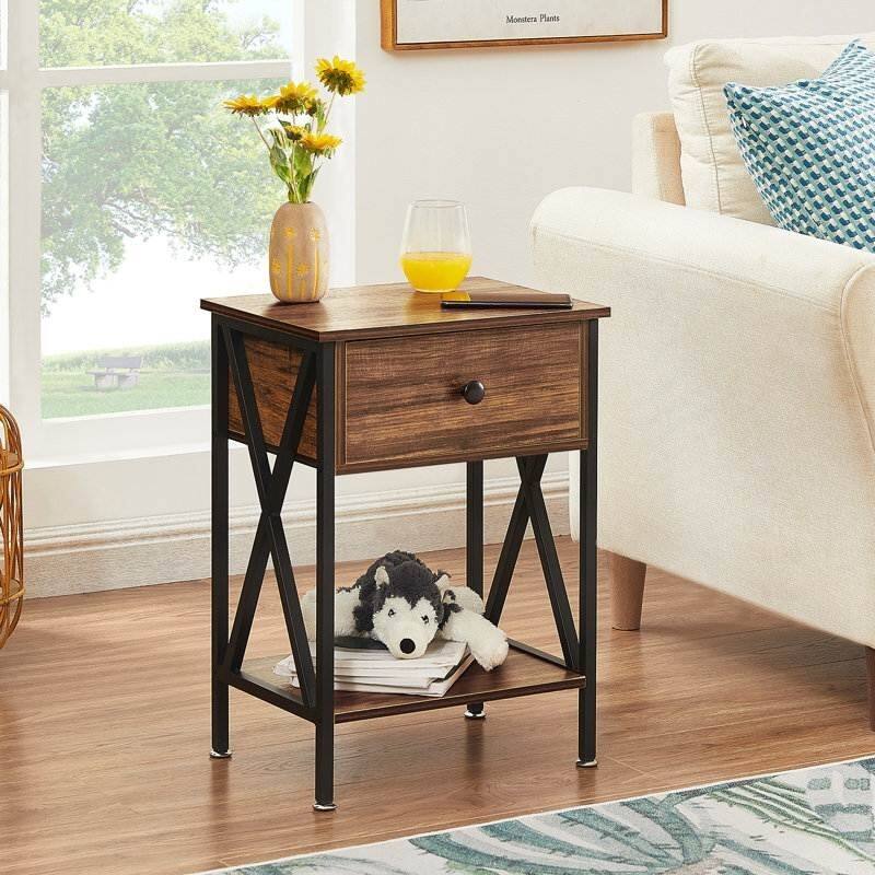 Set of 2 Bedroom Nightstands with Steel Frame and Drawer