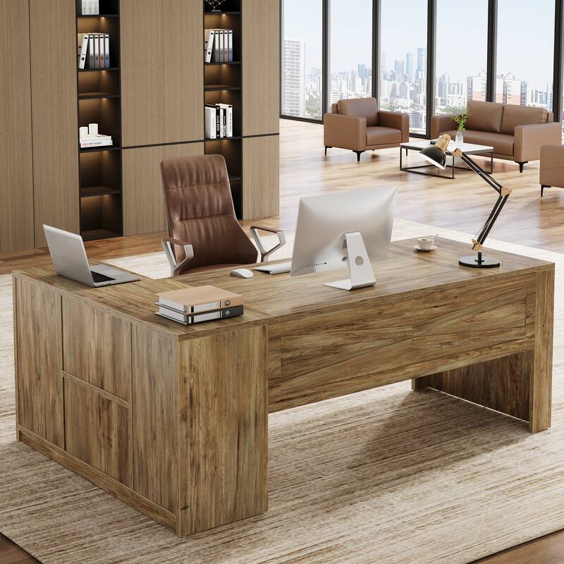70.8" L-Shaped Executive Desk with File Cabinet and Storage Shelves, Large Office Computer Desk for Home Office