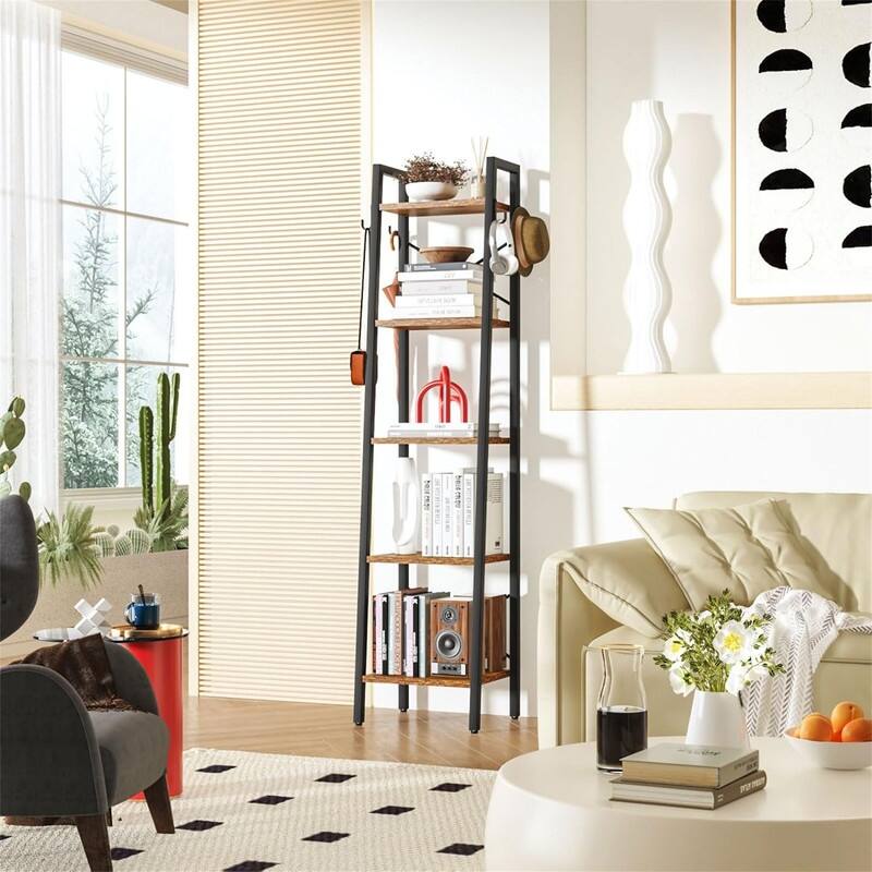 5 Tiers Ladder Bookcase - 11.81"D x 13.39"W x 62.99"H - Rustic Brown