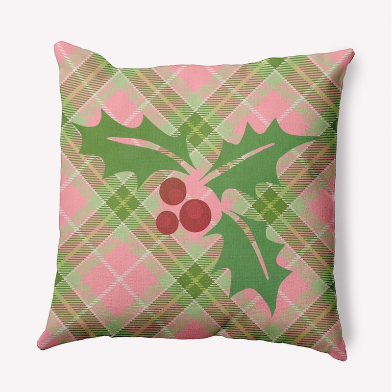 Holly on Plaid Christmas/Winter Accent Pillow - 18" x 18" - Pink Icing