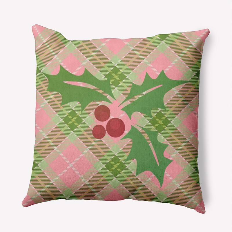 Holly on Plaid Christmas Indoor/Outdoor Throw Pillow - 18" x 18" - Pink Icing