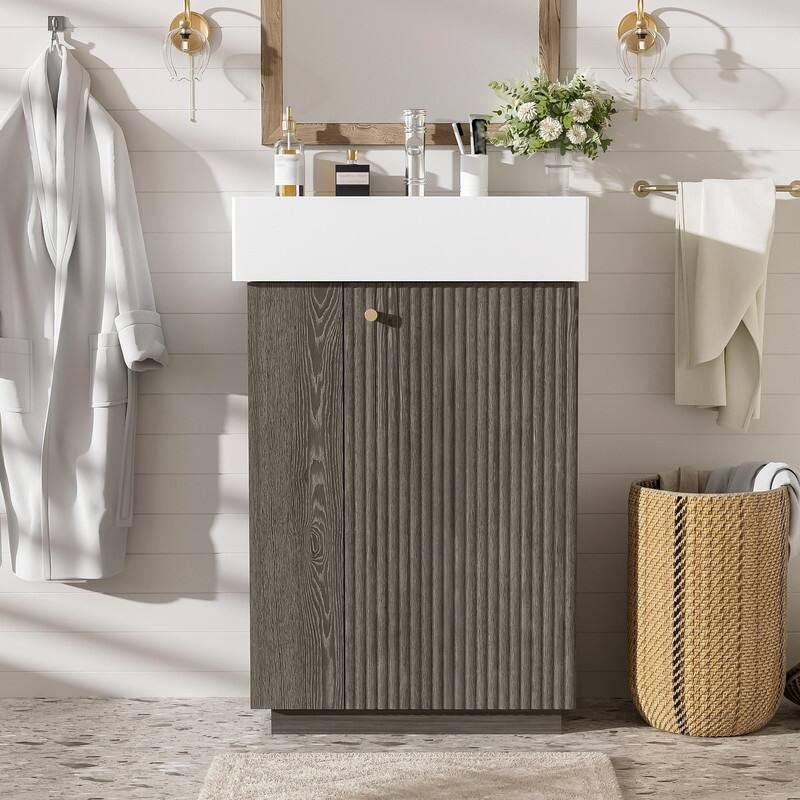 21.6" Bathroom Vanity with Ceramic Sink, Freestanding Modern Wood Grain Cabinet with Open & Closed Storage - Dark Gray - right door