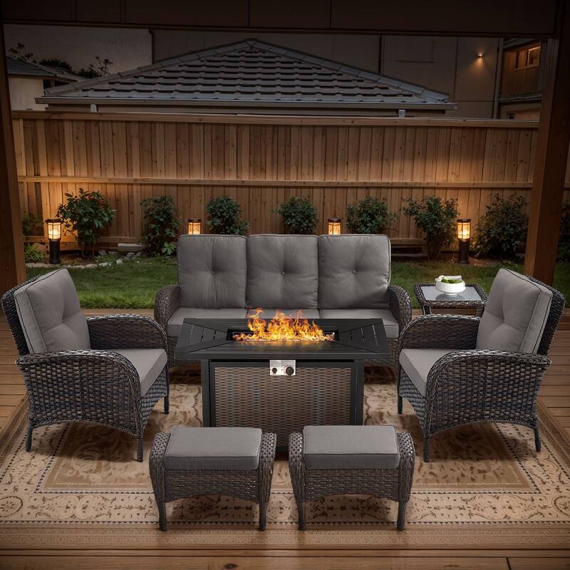 Gymojoy Outdoor Fire Pit Conversation Set, 3-Seat Sofa & Chairs Patio Furniture Set - 7-Piece included Club Chairs & Ottomans - Grey