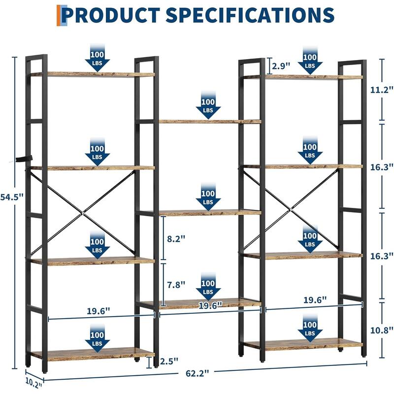 Triple Column 4-Tier Bookshelf, Bookcase with 11 Open Storage Display Shelves