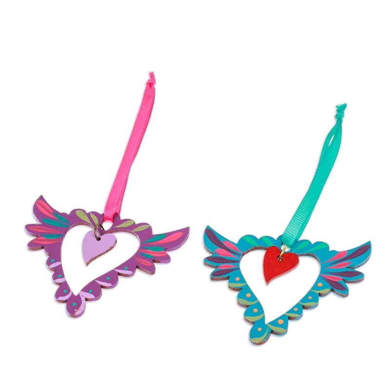 Novica Handmade Winged Heart Wood Ornaments (Pair)