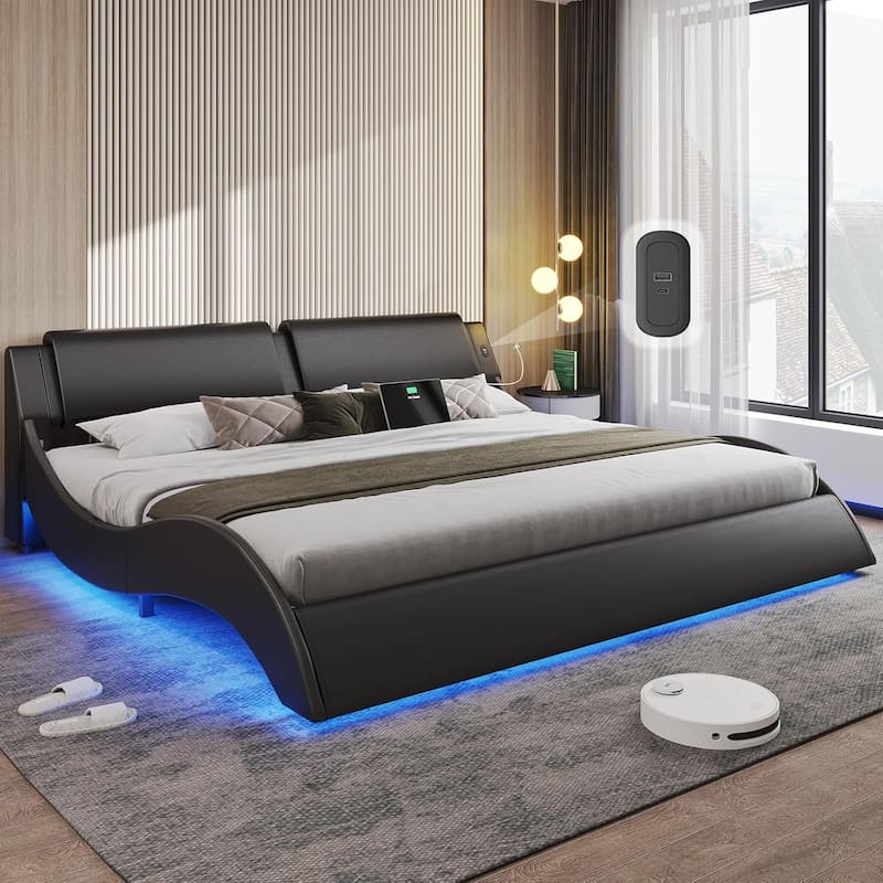 Bed Frame with Headboard Charging Ports Low Profile Platform Bed LED Lights Wave Curve