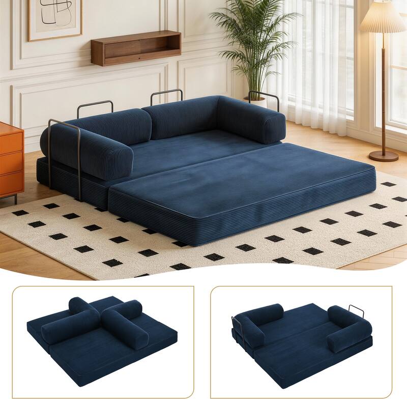 Set of 2 Corduroy Fully Compressed Convertible Sleeper Sofa with Metal Frame