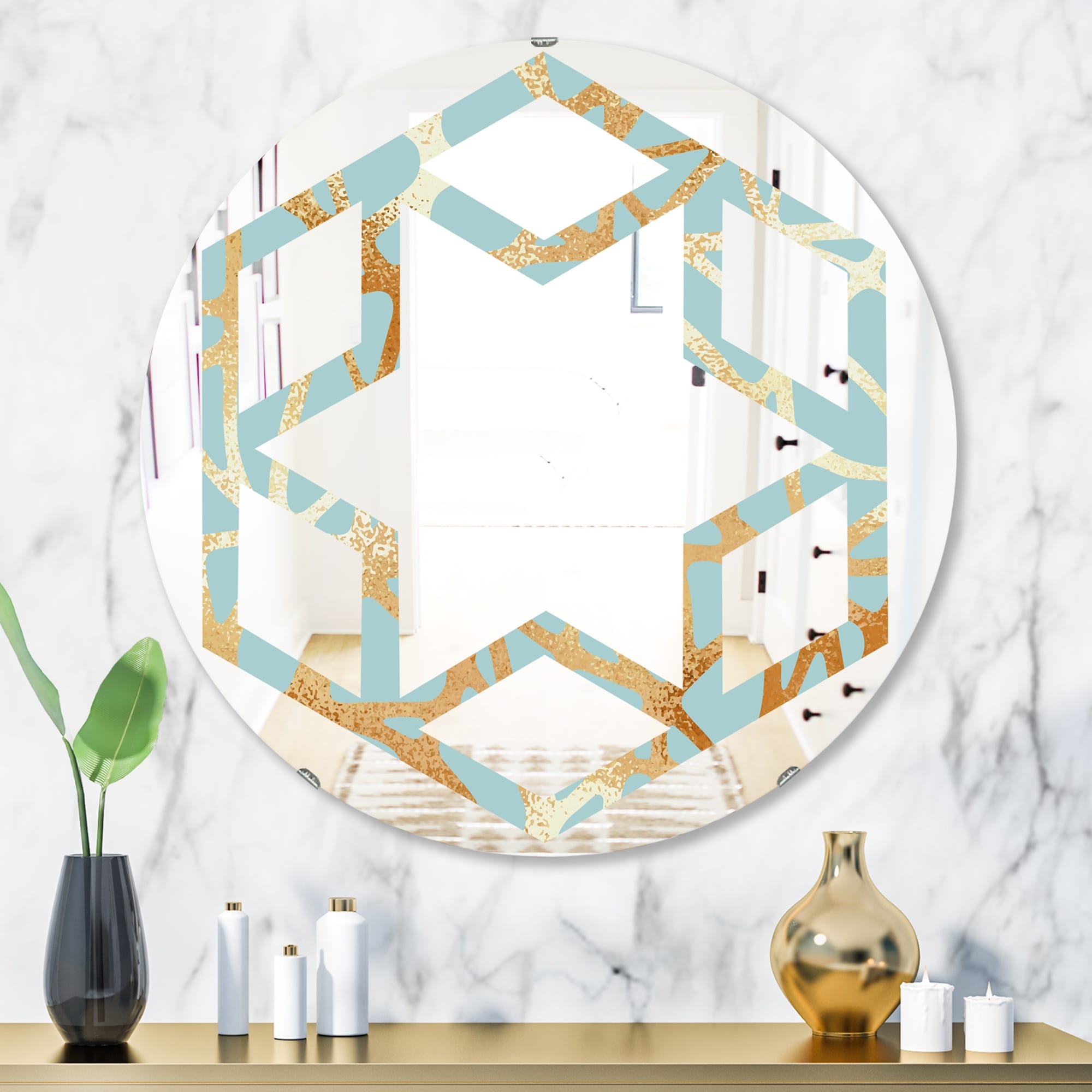 Designart 'Golden Luxury Metallic Geometrics IV' Printed Modern Round or Oval Wall Mirror - Hexagon Star