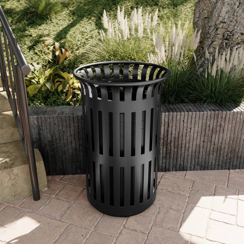 Commercial Outdoor Slatted Steel Trash Can with Inner Bin