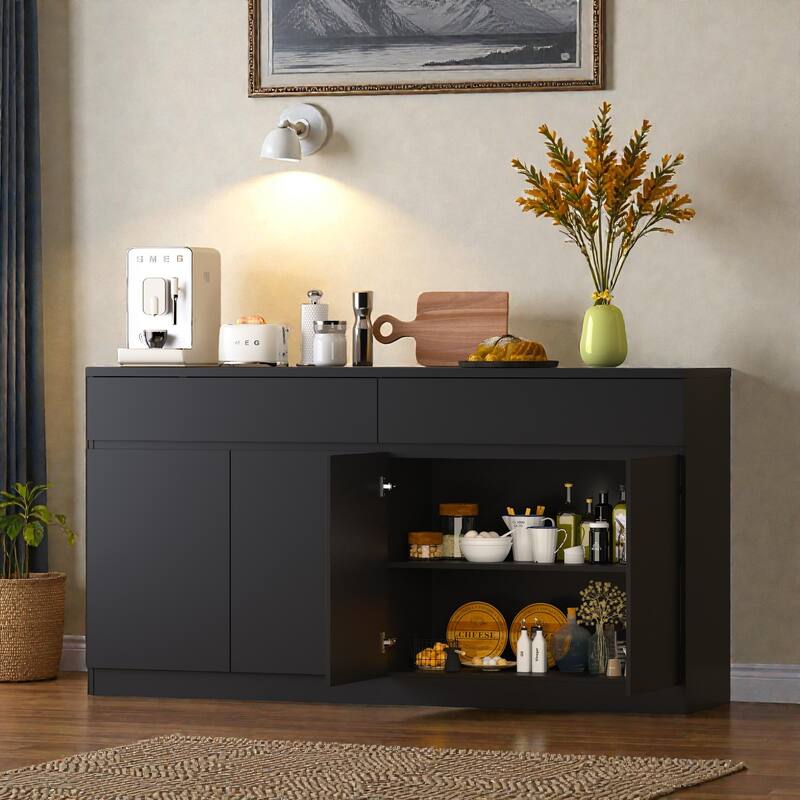 Large Sideboard Buffet Cabinet with Storage, Wood Kitchen Storage Cabinet with 2 Drawers and 4 Doors, Coffee Bar Table