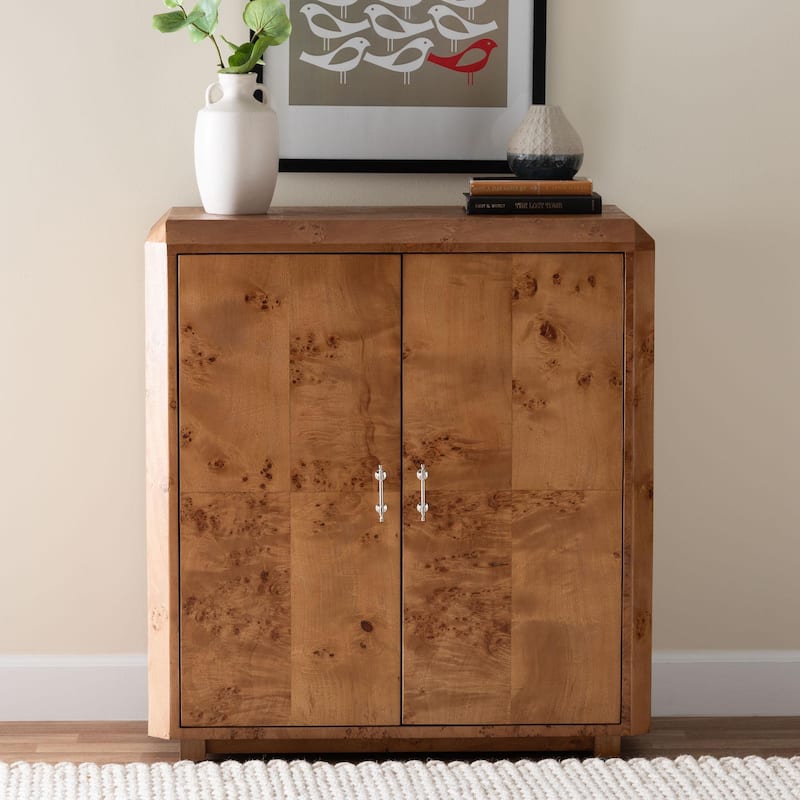 Valora Real Burl Wood Storage Cabinet - Modern Accent Cupboard with Double Doors and Brass Handles, Elegant Sideboard