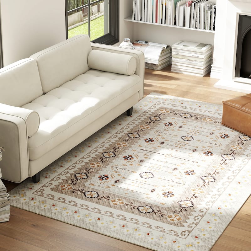 HOMCOM Area Rug 5x7, Machine Washable Rug, Non-Slip Boho Floral Print Floor Cover Foldable Carpet for Living Room - 6' x 7'