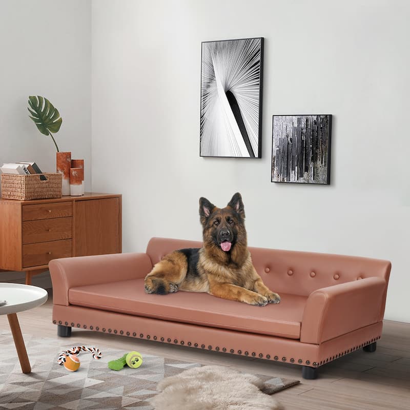 Orthopedic Pet Sofa Bed Waterproof Lounge Raised Bed Microfiber Leather Upholstered