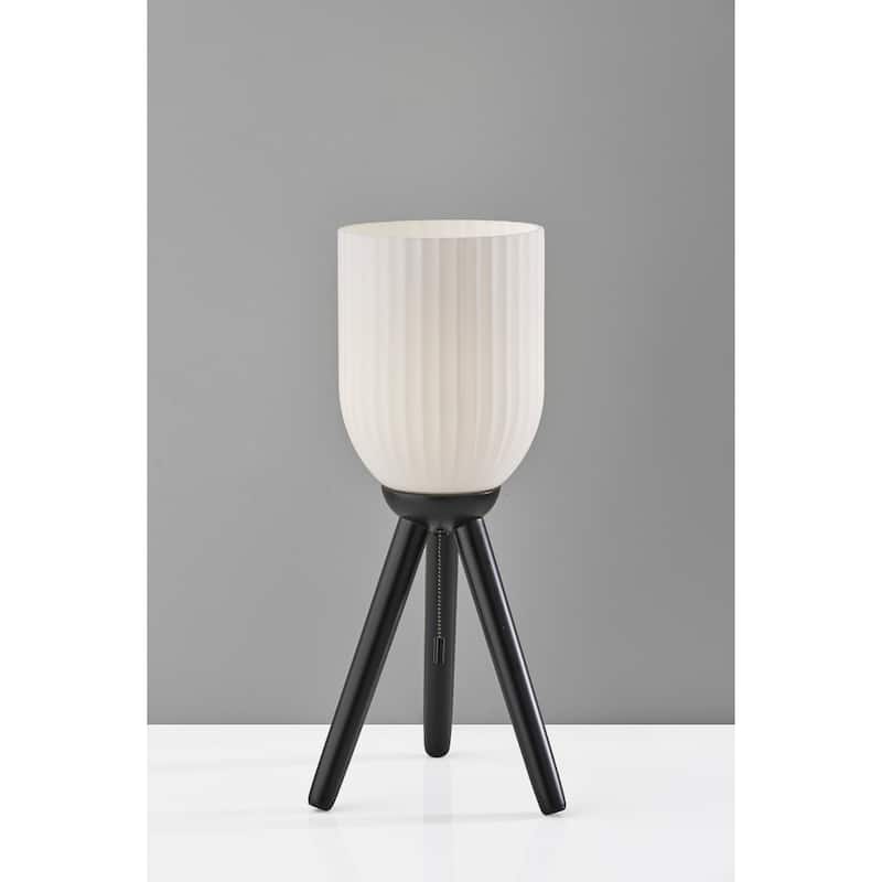 Solid Wood Tripod Table Lamp with White Ribbed Glass Shade and Pull Chain - 10” x 10” x 22.5” (D x W x H)