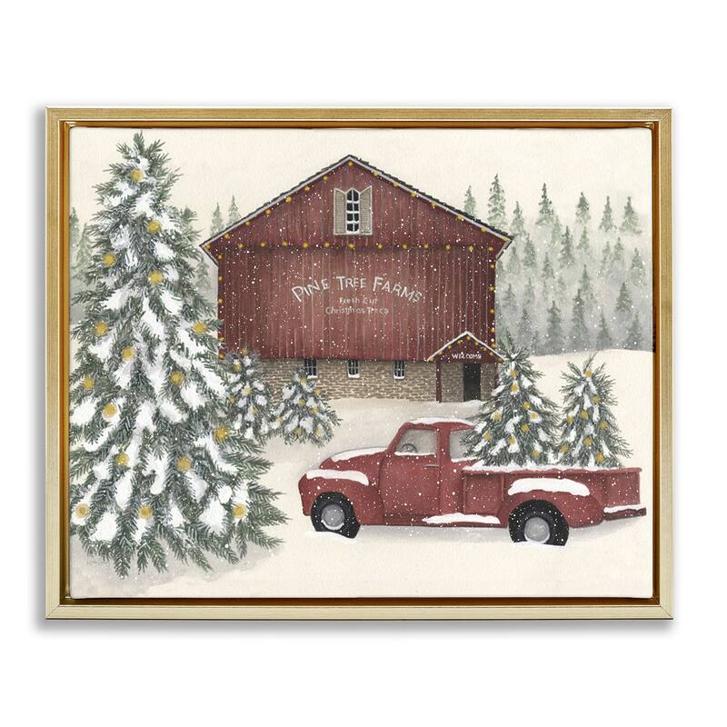 Stupell Winter Pine Tree Farm Framed Floater Canvas Wall Art Design By Linda Spivey - 21 x 17 - Gold