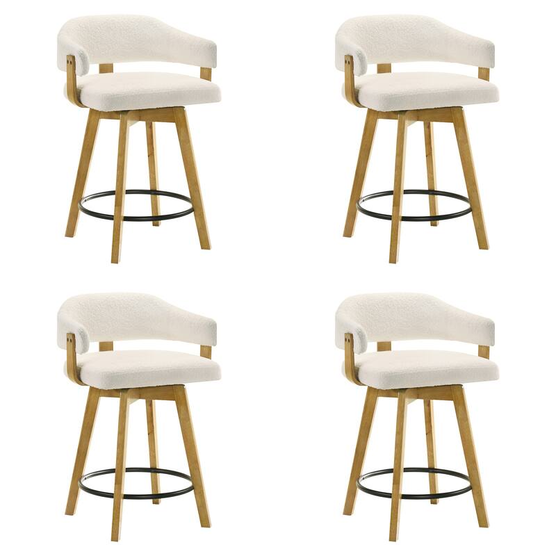 Callah Natural Wood Bar Stool, Counter Height Kitchen Stool in Amber Glow Finish with White Boucle Fabric Upholstered Seat