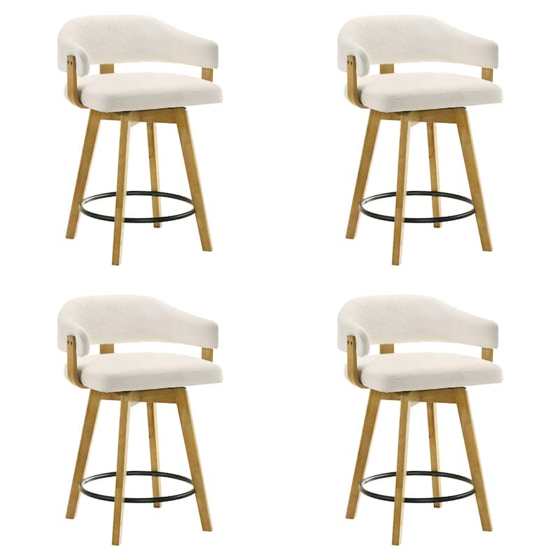 Callah White Boucle Bar Stool, Upholstered Counter Stool with Solid Wood Legs - Set of 4 - Counter Height