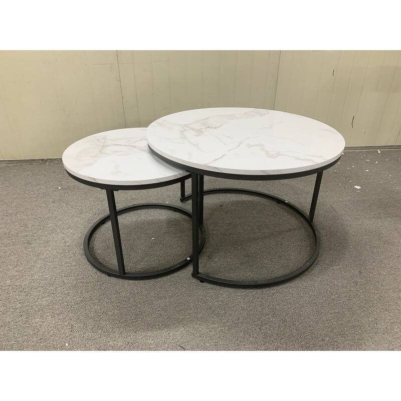 Round Nesting Coffee Table Set of 2 with Marble Pattern Top & Metal Frame