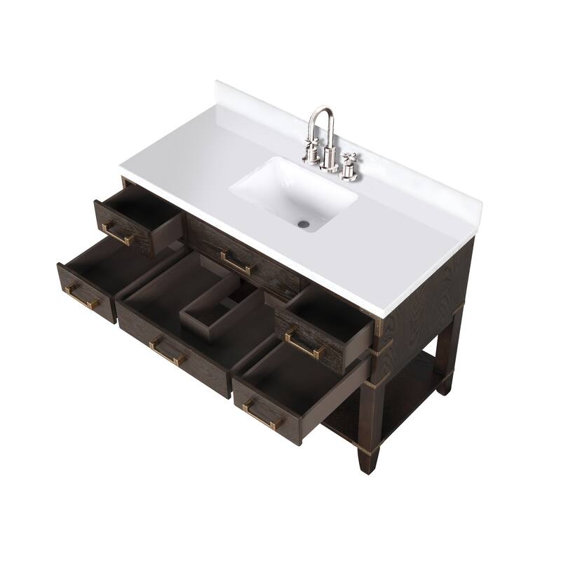 Norwalk 48 in W x 22 in D Black Oak Single Bath Vanity, White Quartz Top, Faucet Set, and 46 in Mirror