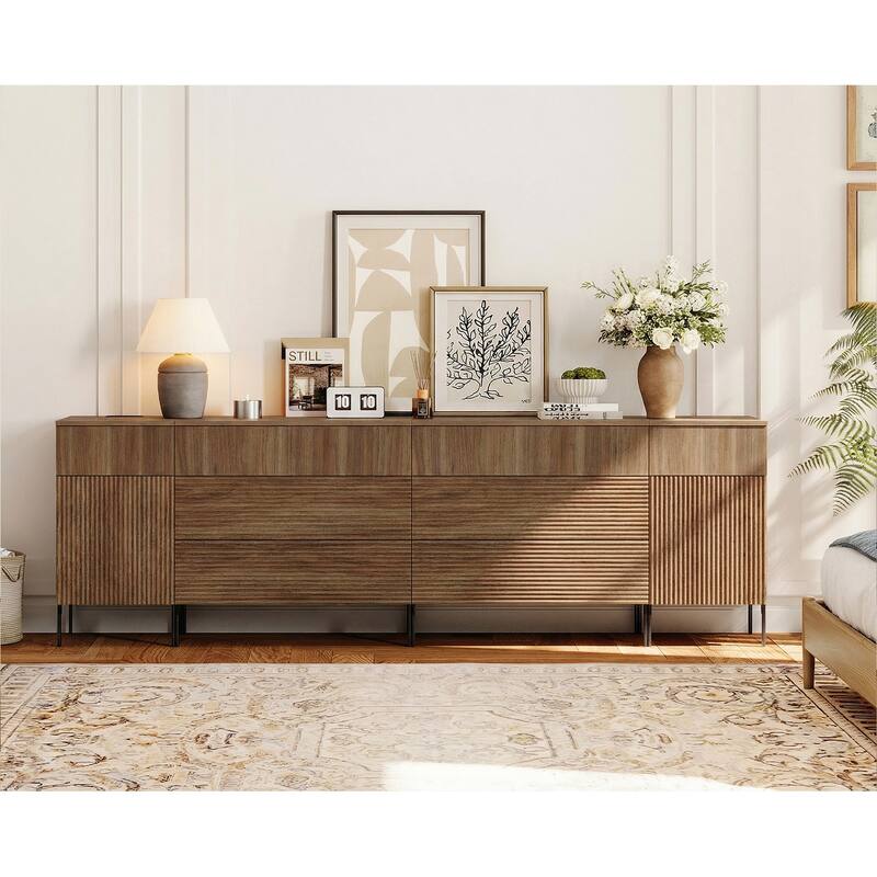 94.5" Modern Wood 8-Drawer Dresser With Reeded Design, Minimalist Dresser Organizer Storage - Walnut
