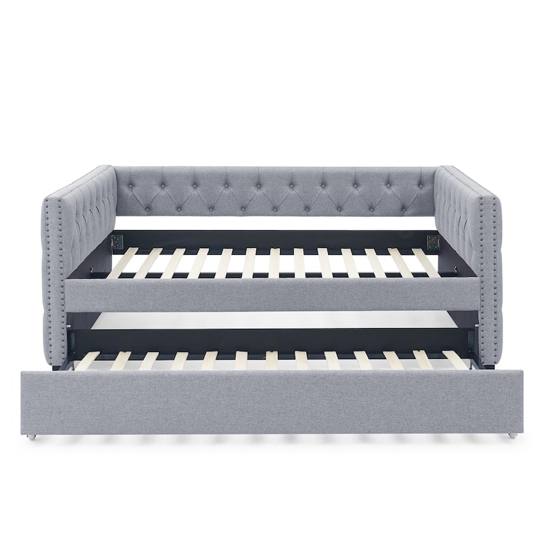 Trundle Upholstered Tufted Sofa,with Button and Copper Nail on Square Arms,Full Daybed,Twin Trundle