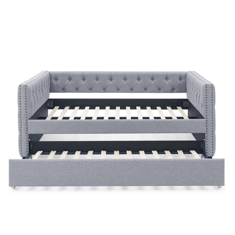 Tufted Daybed Upholstered Frame Sofa Bed with Button Copper Nail on Square Arms, and Pull-out Trundle Bed or Storage Drawers