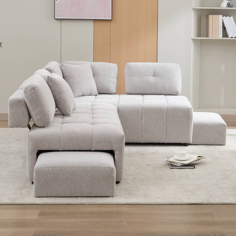 91.73" L-Shaped 4-Seat Sectional Sofa with 2 Hidden Stools, 2 Removable Lumbar Cushions, and Durable Chenille Fabric