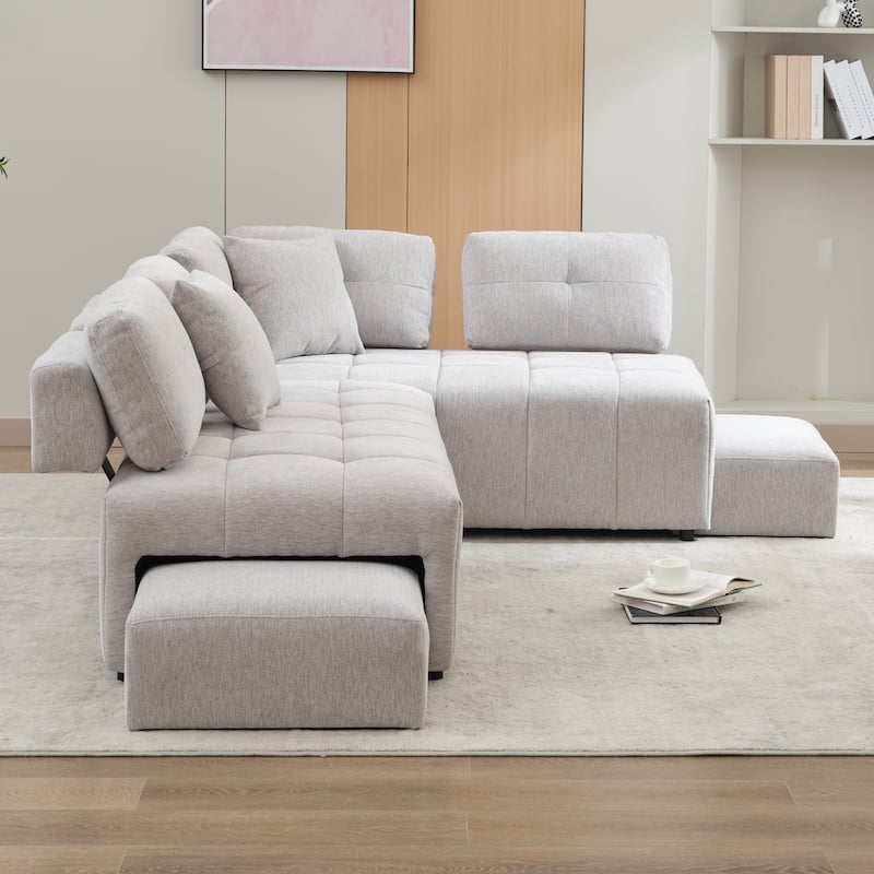 Grey 91.73" L-Shaped 4 Seater Sectional Sofa with 2 Hidden Stools, 2 Removable Lumbar Pillows, and Durable Chenille Upholstery