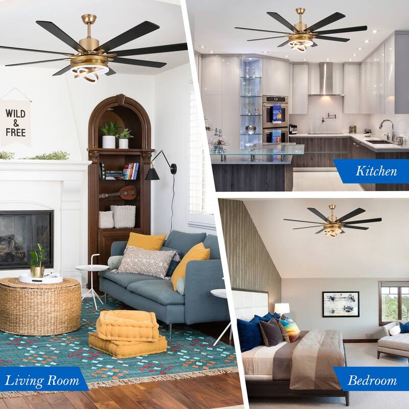 CurveCurio 72" Modern Large Ceiling Fan w LED Light, 8 Wood Blades and Quiet DC Reversiable Motor w 6 Speeds, Remote Control