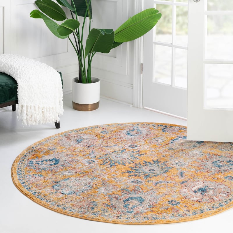 Traditional Nixa Collection Area Rug - 7' Round - Yellow