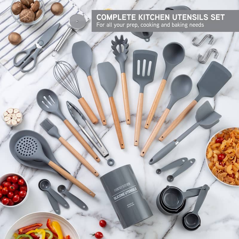 Country Kitchen Non Stick Silicone Utensil Set with Rounded Wood Handles for Cooking and Baking, 38 Piece Set