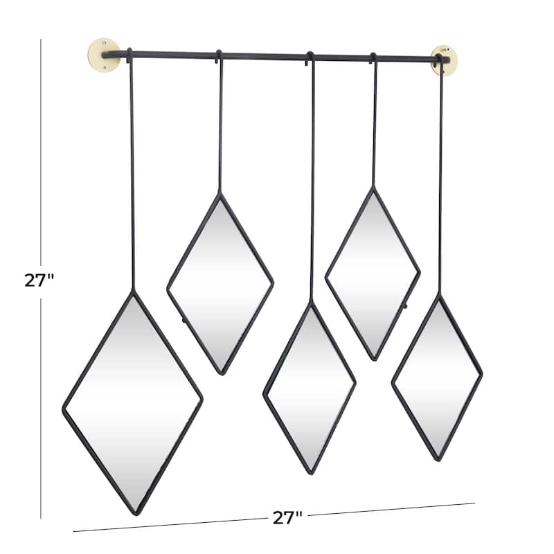 Black Metal Diamond Shapes Wall Mirror with Hanging Bar - 27"W, 27"H