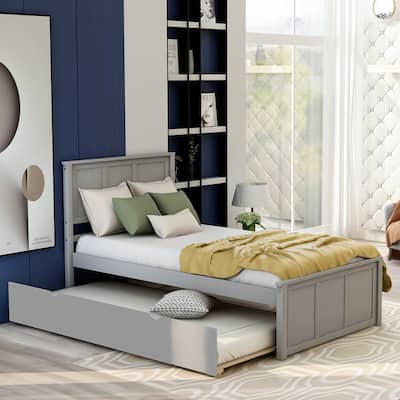 Roomfitters Platform Bed with Twin Size Trundle, Space Saving Frame, Gray