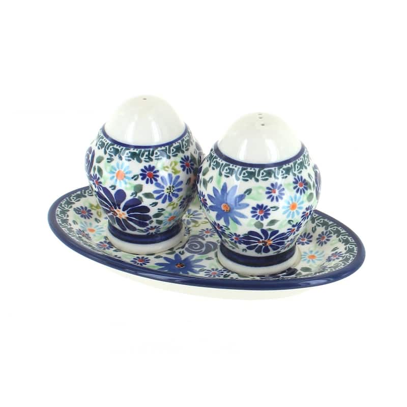 Blue Rose Polish Pottery 1282 Zaklady Salt & Pepper Shakers with Plate - Fantasy