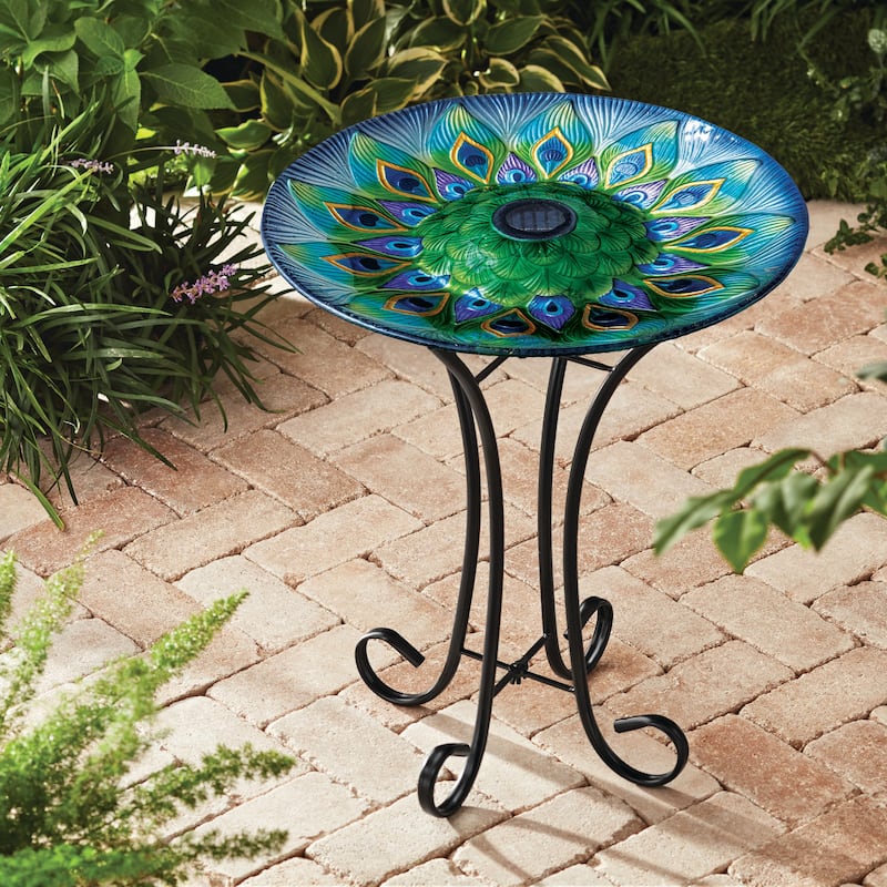 Teamson Home 17.8" Fusion Glass Birdbath with Solar-Powered Light - Green/Multi