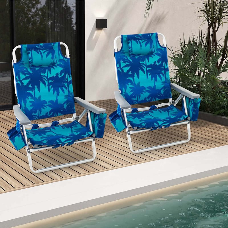 Set of 2 Backpack Beach Chair 5-Position Lay Flat Beach Chairs