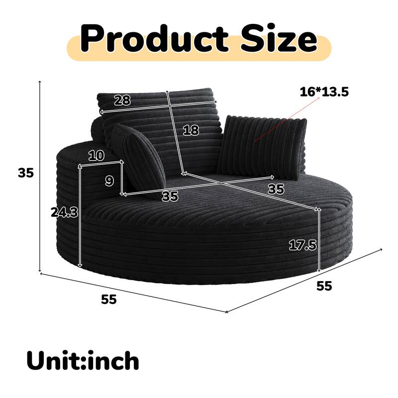 Oversized Swivel Accent Chair, Corduroy Round Lounge Sofa Chair, Upholstered Reading Armchair with Back Cushion & 2 Pillows