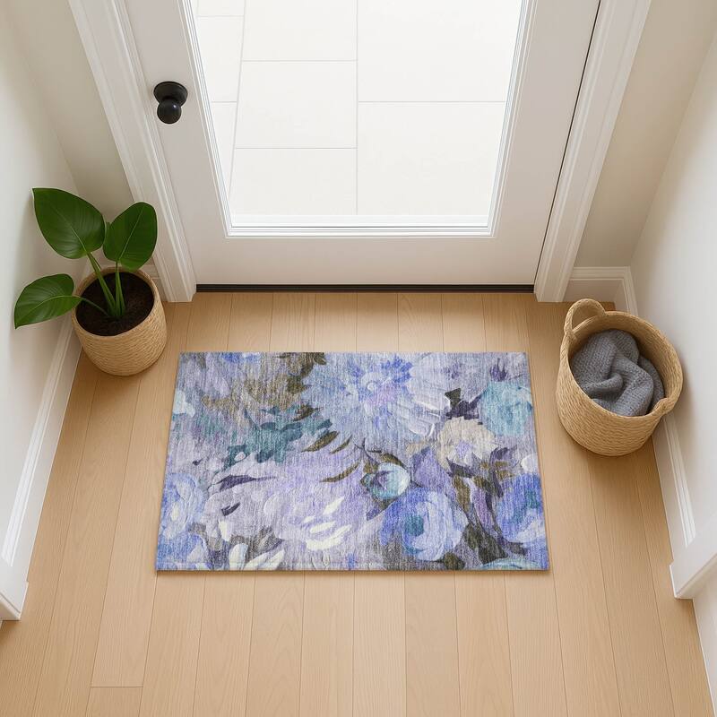 Machine Washable Indoor/ Outdoor Watercolor Floral Chantille Rug