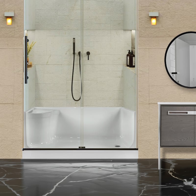 Fine Fixtures Single Threshold Acrylic Non-Slip Shower Base With Seat - 60 x 32