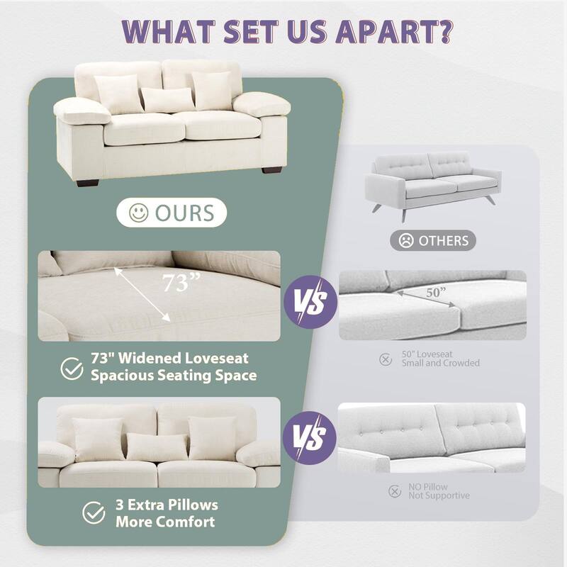 Plush Chenille Loveseat 73" - Includes Bonus 3 Pillows & Removable Back Cushion - Living Room 2-Seater Sofa
