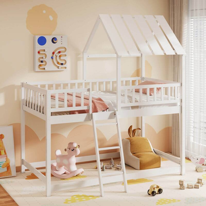 Costway Twin Over Twin House Bunk Bed with Roof, Ladder & Full-length